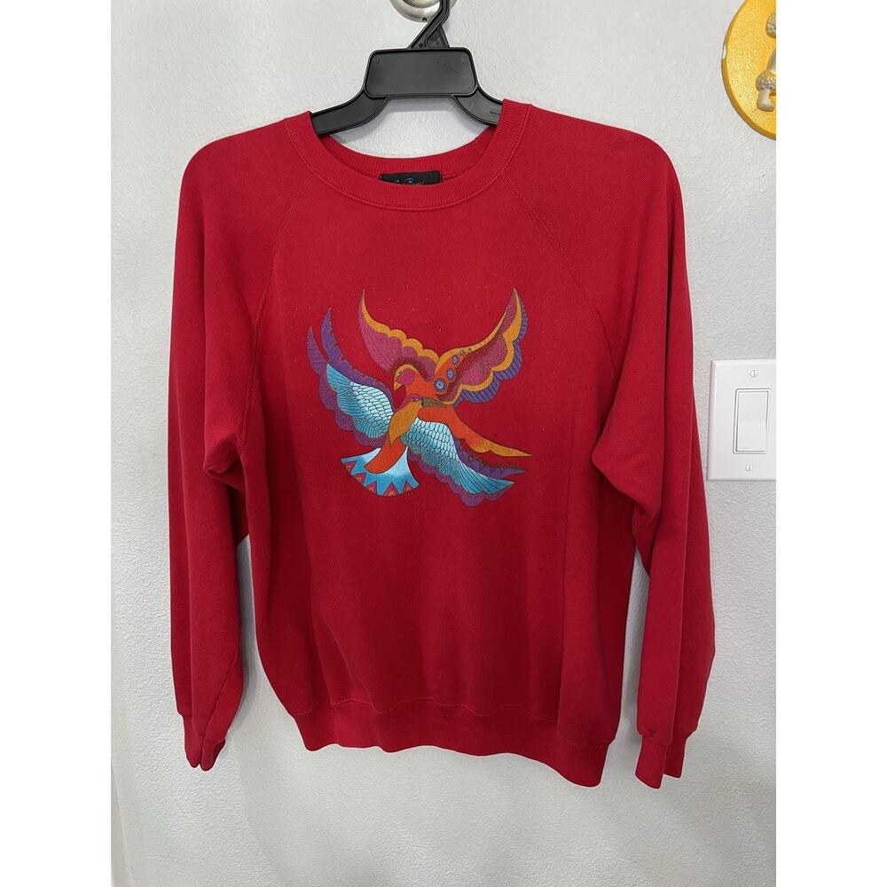 Vintage Laurel Burch Crew Sweatshirt XL Birds Pullover Red Ethereal Hanes 90s